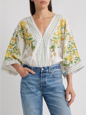 NEW FARM RIO Body Sicily Off-White {£198} Floral Yellow V-Neck Boho Bodysuit Med